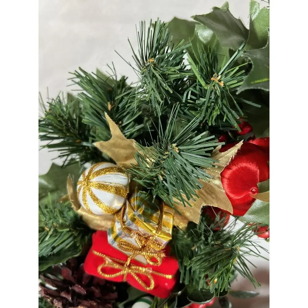 Vintage 16” Christmas Wreath Wood Beads Santa Bear Mouse Velvet Bow Gold & Red